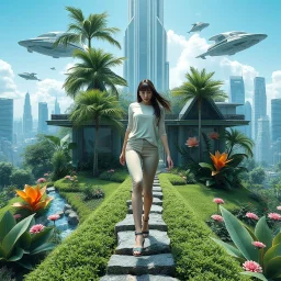 Highly detailed and intricate 3D fractal recursive art, featuring a single young woman/girl wearing fashionable modern clothing, walking directly towards the camera through a lush, futuristic villa garden. The garden is part of a larger technologically-advanced city, with towering skyscrapers and floating vehicles visible in the background. The garden itself is a verdant oasis, with exotic flora, flowing water features, and a seamless integration of natural and artificial elements. Holographic