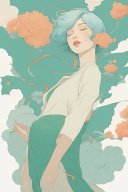 wind blowing from below, portrait of beautiful woman with short green hair, loose lines, flowers, smoke, pastel orange and pastel blue, sense of liberation, concept art, art by james jean, takato yamamoto, 4k, concept art, illustrative