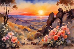 Amazing beautiful sunset, flowers, rocks, mountains, trees, sci-fi, fantasy, epic, john singer sargent watercolor paintings