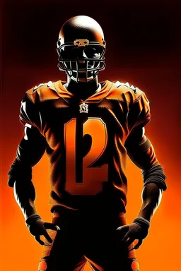 Silhouette of a football linebacker with a skull on front of jersey, orange background, photorealistic