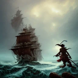 a pirate warrior on his ship, a highly detailed illustration, background of giant crashing ocean waves, realistic render, 8 k, micro detail, intricate, elegant, centered, digital painting, Artstation, smooth, sharp focus, illustration, artgerm, tomasz alen kopera, peter mohrbacher, donato giancola, joseph christian leyendecker, wlop, boris vallejo