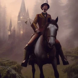 Full body, 3d render, Harry Potter 1800's men style, 1800's hair style, 1800's men clothes style, riding horse, hyper realistic, octane render, unreal engine 5, 8k, palace background, uhd