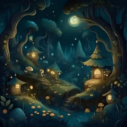 Soft cozy Fantasy cartoon forest night