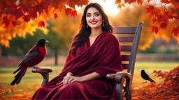 Hyper Realistic Photographic-view of a Young Beautiful Happy Pashto Woman With Beautiful Eyes & Kajal with beautiful lips smiling wearing maroon-dress & covering herself with black-shawl sitting on rocking-chair in an autumn-garden with cloudy-sunset & birds-flying & orange-leaves-whirling showing dramatic & cinematic ambiance