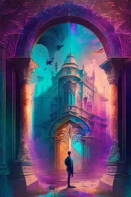 A palace with a time portal, a man, fantasy colours