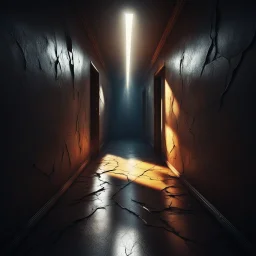 Gloomy corridor at far end door cracked open with bright light glaring out, glare effect, artistic diagonal line composition, tilted, unbalanced, asymmetrical horror surrealism, rich deep colors, trending on Artstation, creepy, eerie