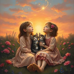 A magical moment in a painterly sunset garden. The two girls sit close together with the three kittens cuddled between them, looking up toward the glowing evening sky. Above them, soft light trails, sparkles, or a glowing star emerge — a touch of fantasy as if nature itself whispers to them. The warm colors wrap around them: coral, gold, rose, and soft blue. The composition feels like the closing page of a gentle fairy tale. Painted with rich oil textures, craquelure, and poetic atmosphere. --v