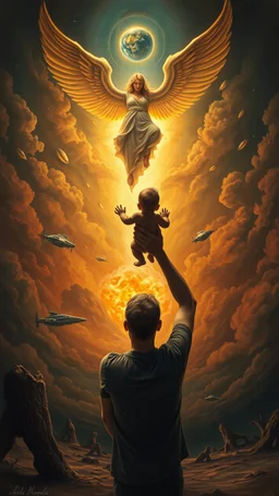 Bosch painting style nightmare, a man holding a baby up toward a beautiful angel in the sky , a nuclear explosion and an alien spacecraft in the background, rear view , dramatic sad scene, fantasy, scary.