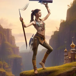 young davy crocket as gypsy woman with arms above her head, holding big big gun ,yoga artist , 4k, Masterpiece, perfect eyes , Cinematic Lighting, Realistic, Sharp Focus, Centered, Beautifully Lit, Bioluminescent by Stanley Artgerm Lau