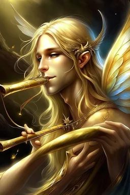 männliche Fee, libellen flügeln, hellblondes, langes Haar, Flöte spielend, lange spitze Ohren, goldene, auffällige Augen, realistisch