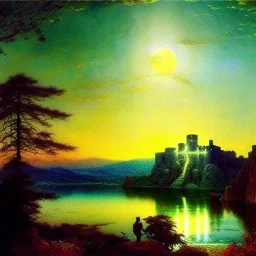 Drawing of 'Medieval Romanian Castle',mountain,lake,full moon, by gaston bussiere, greg rutkowski, yoji shinkawa, yoshitaka amano, tsutomu nihei, donato giancola, tim hildebrandt, oil on canvas, cinematic composition, extreme detail,fit full head inside picture,16k