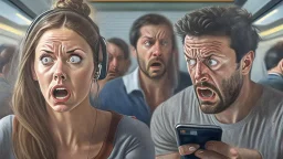 photorealistic man with woman on phone upset being put on the NO FLY list