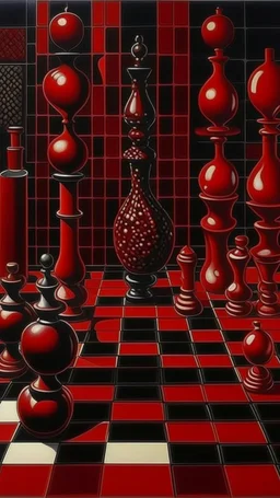 A dark brownish scarlet laboratory with demented vials painted by Victor Vasarely