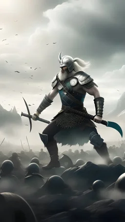 an epic battle scene featuring a powerful younge Viking chief leading a charge against mythical creatures. Capture the intensity of the moment with detailed weapons, armor, and swirling dust in a vast, ancient landscape.