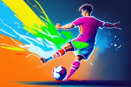 Oil painting, full body of a soccer player, he is kicking the ball, the ball is flying, bright but not neon colours, dynamic lines, dynamic blobs, spots, lines in the background of the character, splash like a colour explosion