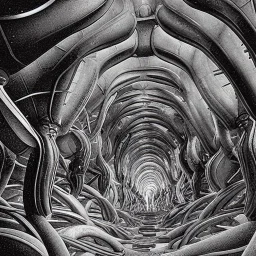 biomorphic alien city with lighting, foto-realistic,TG, 8k, art by HR Giger and M.C. Escher.