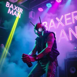 An "BAXER" performing at dance club, his name is "BAXER" and looks crazy, and pushes things on stage, Neon lights and smog, "BAXER MAN" SIGN ON WALL
