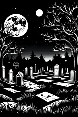 Graveyard at Night white and black for coloring