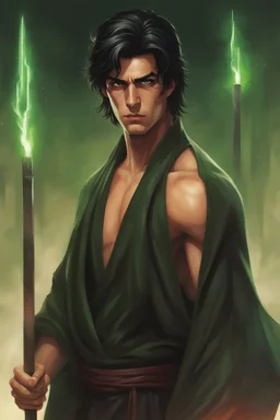 Full Body, Male Tan Human, Shredded Boyd, Sith, Blindfold, Green and Black Robes, Handsome face, Black hair.