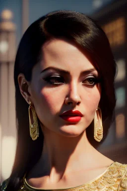 Young business woman, dark orange eyes, dark brown hair, elegant hair, thin lips, gold hoop earrings, waist up portrait, 8k resolution, intricate details, ornate details, soft lighting, vibrant colors, retroanime, masterpiece, realistic, intricate eyeliner, dark eyeshadow, eyes,futuristic cityscape background