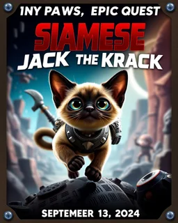 Create a realistic movie poster for 'Siamese Jack the Krack' featuring a siamese in an adventurous setting, with futuristic elements, dramatic lighting, and the tagline 'Tiny Paws, Epic Quests: Unleash the Adventure with Siamese Pete!' with a release date of September 13, 2024