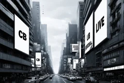 greyscale cityscape; many large white billboards populate the city with black block lettering with single word text "BIOMORPH", or "CB", or "SPATCHCOCK", or "TANGUY", or "SURREAL", 'They Live' movie by John Carpenter movie still, modern movie city panoramic, concept art