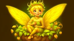 Fantasy art: A small, cute, cheerful fairy with golden hair, sitting in a small basket. The basket is actually an earring on the ear of a big giant.