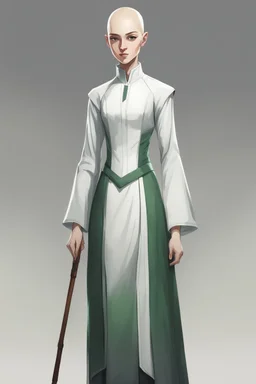 full length colour drawing, portrait, 22-year old friendly slender female human cleric, shaved head, light eyebrows, grey eyes, wearing white (10%0 and dark green (80%)