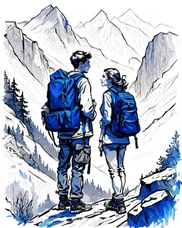 traveler young man and woman with backpack ,mountain background, Drawing with a blue ink pen Inspired by the works of Daniel F. Gerhartz, with a fine art aesthetic and a highly detailed, realistic style