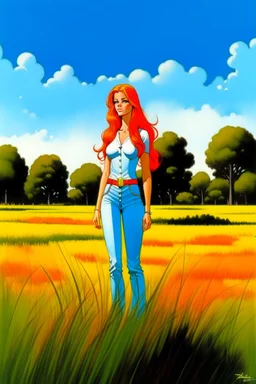 full body and headshot of a skinny young woman, with long straight red hair, standing in an open field, surrounded by trees, Frank Franzetta