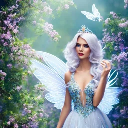 Fantasy fairy with transparent wings, smiling, make up, long platinum blond hair with crown and flowers, blue dress, flowering background