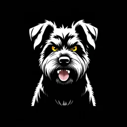 an angry scruffy black terrier on black background, yellow eyes, defined teeth, 30% lighter, vector illustration