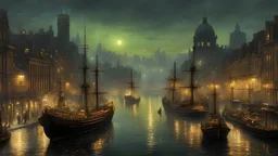 City and busy harbour with shipping moored, night, no moon, gas lamps, 1860, style John Atkinson Grimshaw, Ultra Realism, Complex Details, Intricate Details, 16k, HDR, High Quality, Trending On Artstation, Sharp Focus, Studio Photo, Intricate Details, Highly Detailed