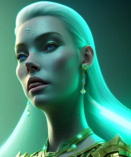 A portrait of a crystalised queen, atmospheric, realistic, unreal engine, cinematic lighting, octane render, transoarent, green turquoise light