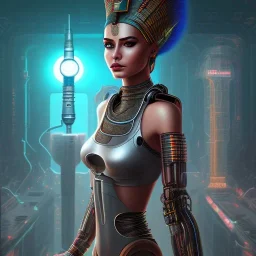 Nefertiti cyberpunk, full body, robocop, Egypt background