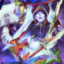 dungeons and dragons, elf, pointy ears, wizard, magician's robe, wizard hat, portrait, face, watercolour, large strokes