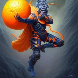 an orange fruit warrior in full navy blue and orange battle armor, a highly detailed illustration, background of Inka jungle, realistic render, 8 k, micro detail, intricate, elegant, centered, digital painting, Artstation, smooth, sharp focus, illustration, artgerm, tomasz alen kopera, peter mohrbacher, donato giancola, joseph christian leyendecker, wlop, boris vallejo