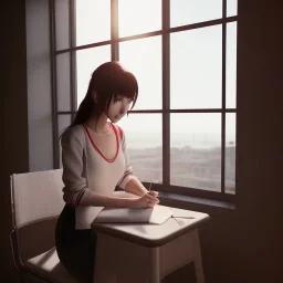 female student studying by the window, anime style,perfect face, cool face, ultra detail, unreal engine 5, cinema4d, sun light, studio lighting --ar 1:1 --v 4