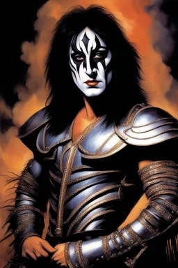 30-year-old Peter Criss (Drummer) with shoulder length, wavy, straight black and gray hair, with his face made up to look like a cat's face, red lipstick - in the art style of Boris Vallejo, Frank Frazetta, Julie bell, Caravaggio, Rembrandt, Michelangelo, Picasso, Gilbert Stuart, Gerald Brom, Thomas Kinkade, Neal Adams, Jim Lee, Sanjulian, Thomas Kinkade, Jim Lee, Alex Ross,