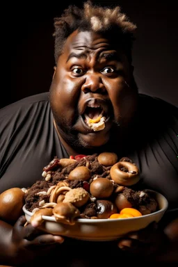 a black fat guy with full of food in his mouth