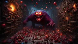 A full-body digital painting of a bloody, messy, toothy Pac-Man monster chasing colored ghosts in a maze, bloody messy horror, dead decaying flesh, horror, trypophobia, eerie, dark fantasy; hdr, UHD, txaa, dreamy, Anger, fire, snake eyes, goodbye, Warm lighting, rage, extreme emotion, Highly detailed, art by agnes cecile, sharp focus, sad, heartbreak, blurred reality, fading away, Tree roots as veins, broken glass, broken heart, ripped up roots, crying, dendritic, eldritch,