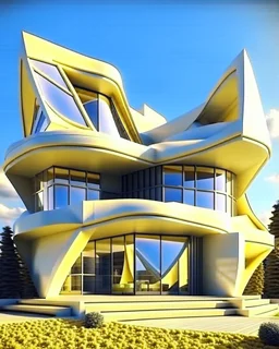 Casa geométrica en proporción aurea, estilo Zaha Hadid, calidad ultra, hiper realista, hiperdetallada, 3D 8K