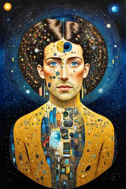 Cosmic Synchronicity ; a mashup of the styles of Gustav Klimt and HundertwASSER; neo-surrealism; golden ratio