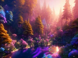 gold and blue crystal cosmic and galactic ambiance hill sky waterfall sunset trees pools river surreal, full of details, smooth, bright sunshine，soft light atmosphere, light effect，vaporwave colorful, concept art, smooth, extremely sharp detail, finely tuned detail, ultra high definition, 8 k, unreal engine 5, ultra sharp focus