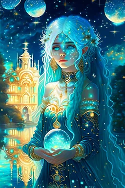 A beautiful girl with glowing starry eyes. And with turquoise hair decorated. And full body. Holds 10 glowing glass beads with a moon inside .girl void. full body Glowing golden eyes and white hair. Standing on a land of water embellished with sapphires and ornate trees. And beautiful buildings. And a sky full of star. realistic