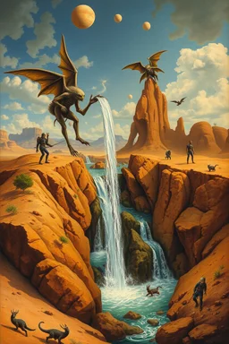 Hieronymus Bosch Style high quality picture in it aliens carryingwaterfall in the desert