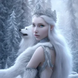 gorgeous goddess of ice and snow wearing a crystalline ice crown and standing next to a beautiful gray wolf, centered in frame, 8k resolution, high-quality, fine-detail, iridescent, intricate, digital art, detailed matte, volumetric lighting, beautiful, illustration, 3D octane render, margaret weiss, brian froud, howard lyon, selina french, anna dittmann, annie stokes, lisa parker, greg rutowski,