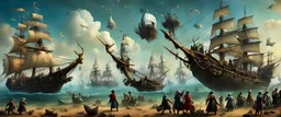 On the left of the image the 'Hieronymus Bosch' sky-pirate-ship fleet floats high above the dry land ready to attack. On the right side of the image the 'Salvador Dali' pirate-sky-whales fleet (mostly a whale but the top is a pirate ship with masts & rigging & sails unfurled, with cyber pirates looking down and waving) float high above the fertile land. The broard hilly dry fertile landscape is in the style of 'M C Escher'. Ultra high detail, photoreal, epic cinematic, 8K, Large depth of field