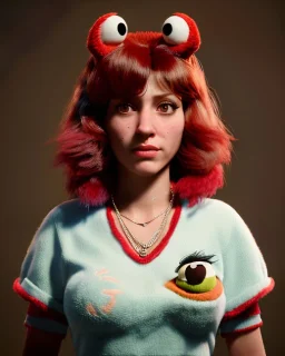 Portrait, waitress woman with monster muppet mask that covers her entire head, retro style, Sesame Street style, red, smooth, unreal engine 5, god lights, ray tracing, RTX, lumen lighting, ultra detail, volumetric lighting, 3d.