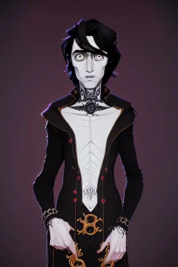 black haired young man necromancer wizard with gothic jewelry and tentacle fingers in the style of Aubrey Beardsley